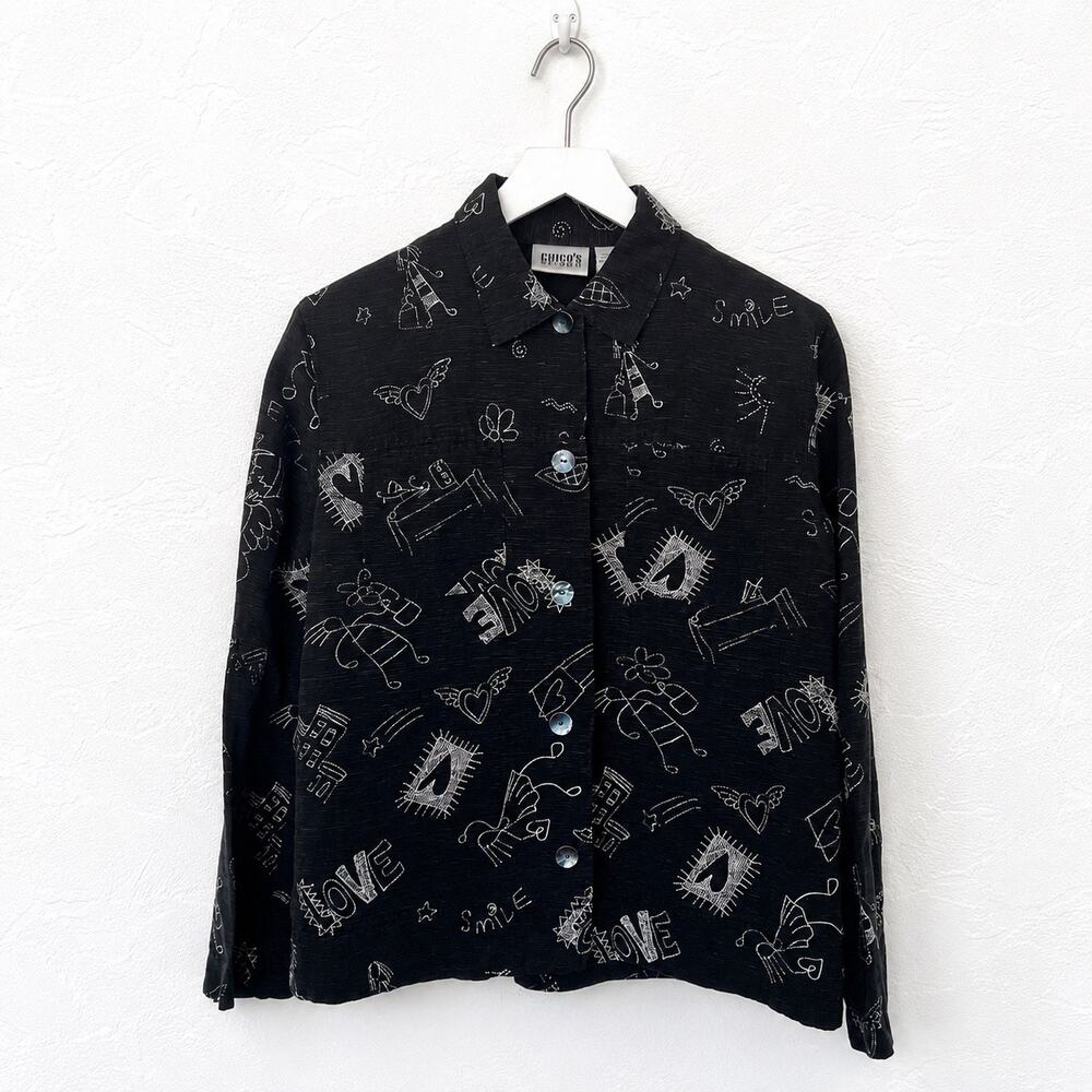 Chico's Design Black Love Smile Graffiti Silk Linen Shirt Medium Art Teacher Y2K